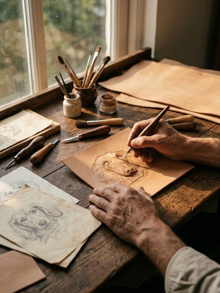 Artisan carving a pet portrait into leather at a clean workbench.